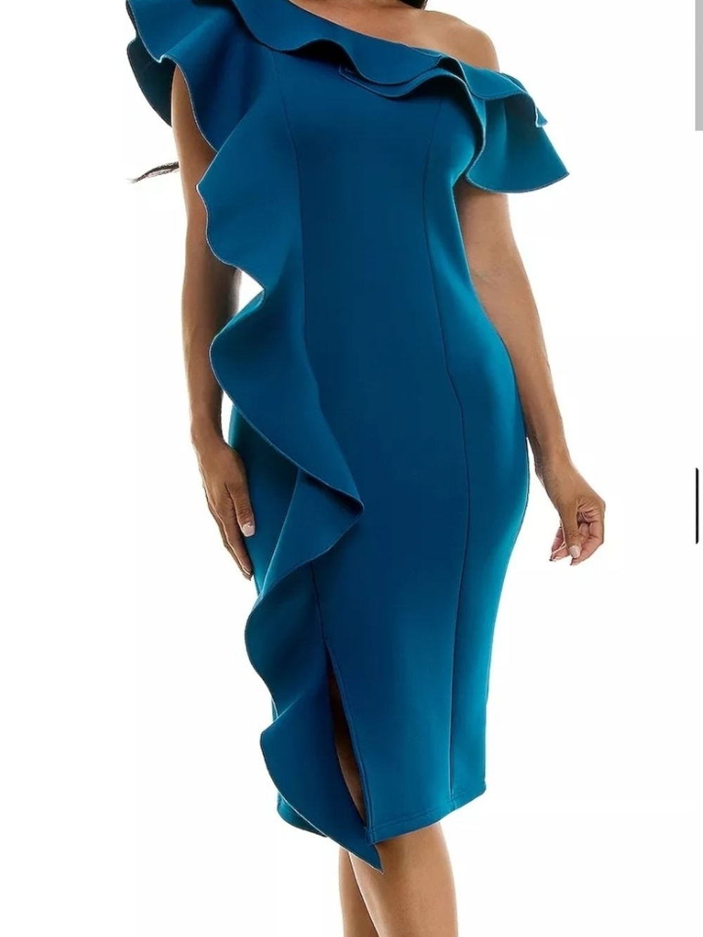 Nina Leonard Teal One-Shoulder Ruffle Midi Dress